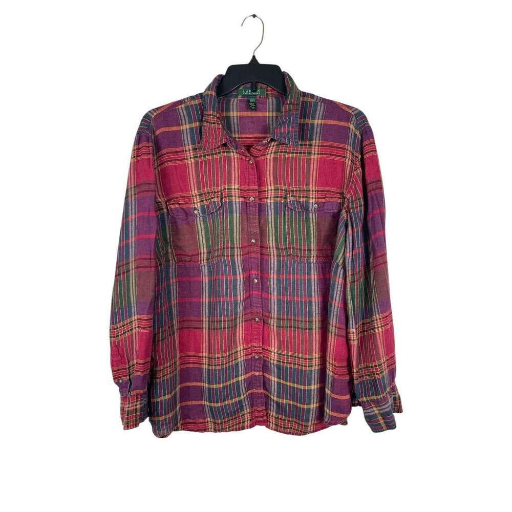 Lauren Ralph Lauren 3X Madres Plaid Button Up Long Sleeve 100% Linen Top READ